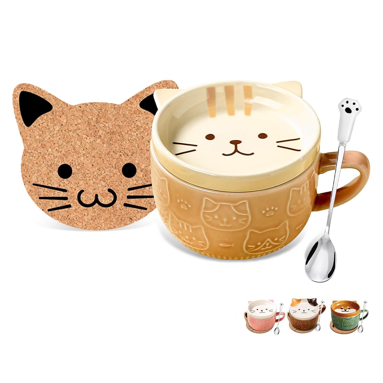 Christmas Birthday Gifts for Women Her Cute Kawaii Cat Coffee Mugs with Lids,Birthday Presents for Girls Friend Kids Wife Mum Grandma Teacher,Novelty Animal Coffee Ceramic Tea Cup Dessert Saucer Set