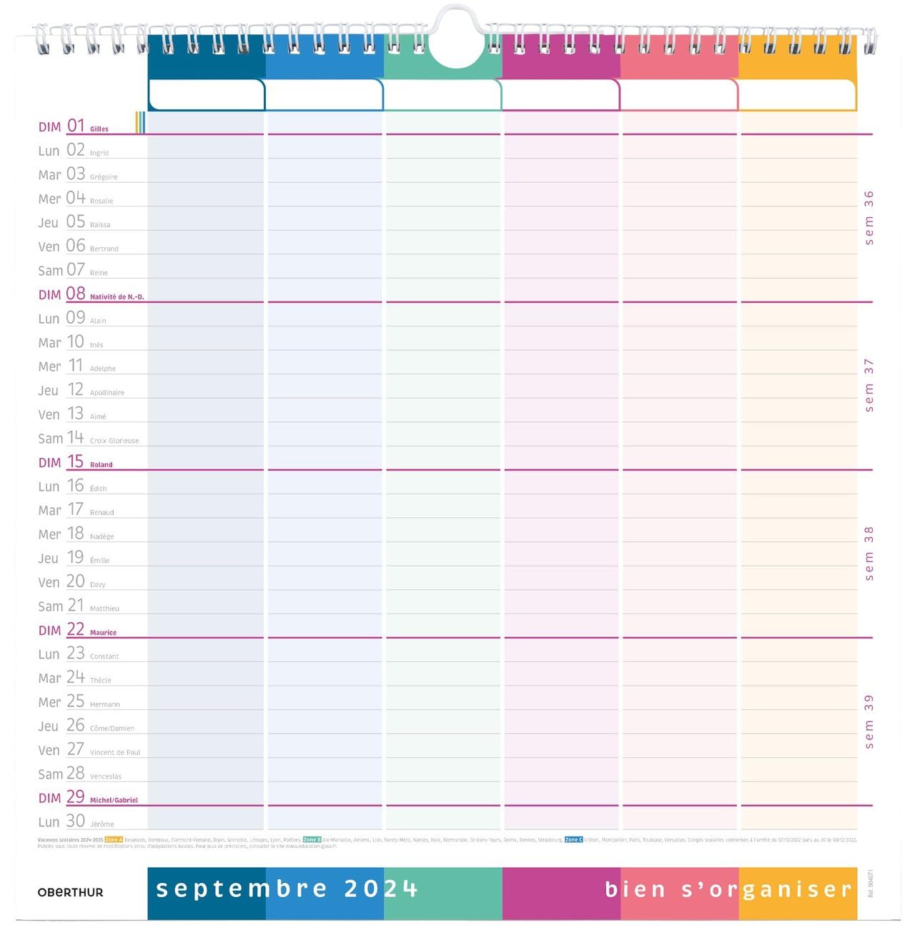 Lot Calendrier Familial " Bien S'organiser " Septembre 2026 à Août 2027 + 1 Index Adhésif Blumie (30 * 30 Oberth Scolaire)