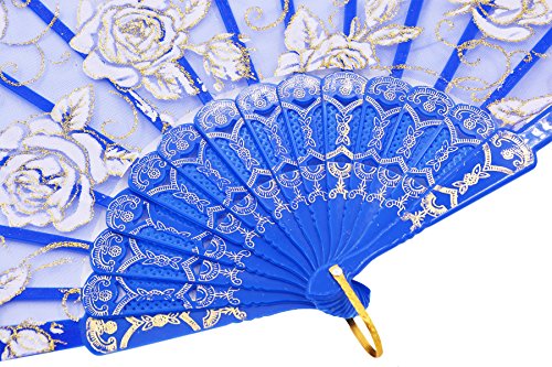 Amajiji Folding Hand Fans,Fashion Elegant Flower Rose Lace Chinese/Japanese Folding Fan (Blue) #TOP4