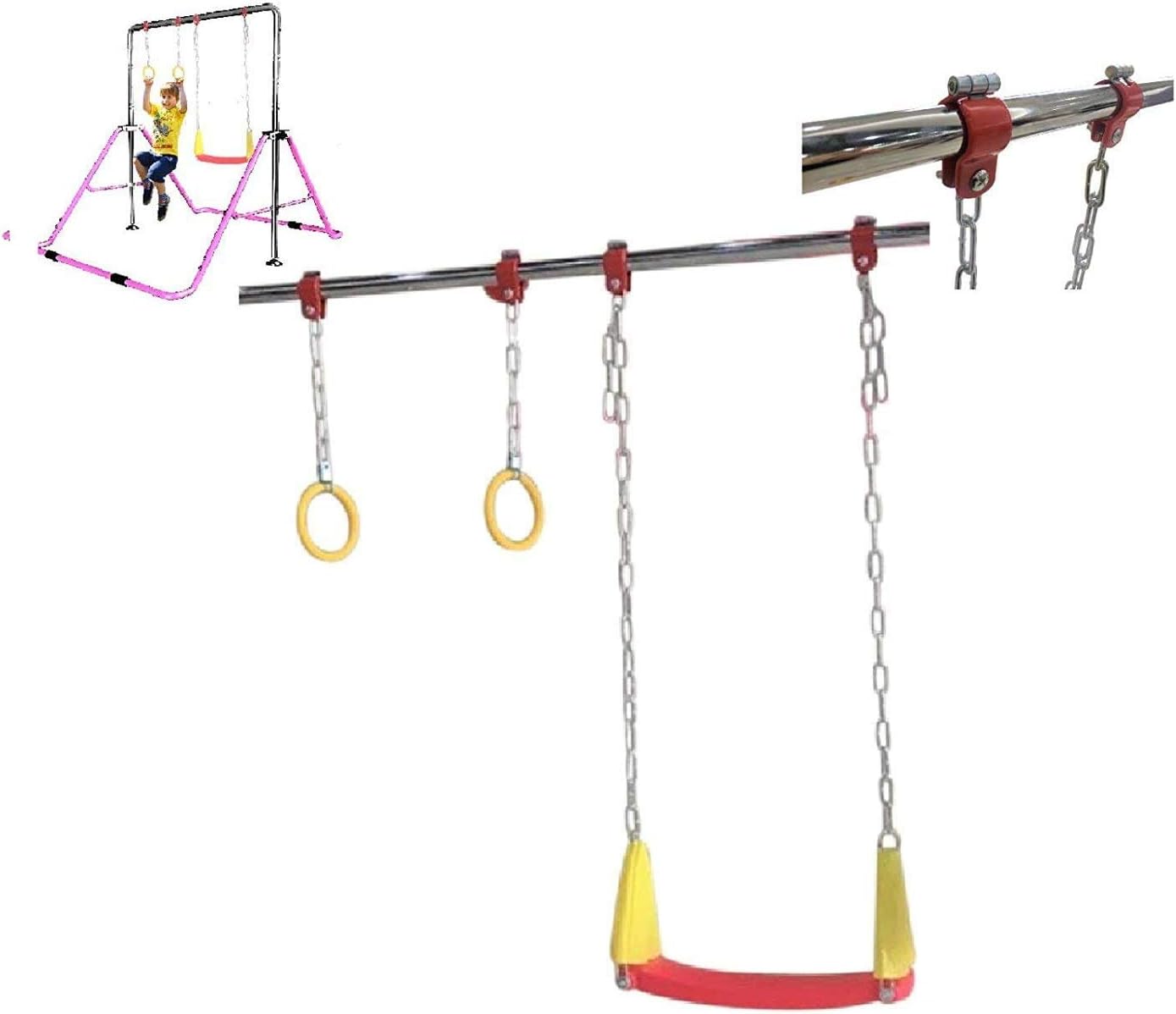 JungleKids Gymnastic Bars for Kids 3 in 1 Set with Swing Seat & 2 Trapeze Rings | Adjustable Height Folding Gymnastics Training Kip Bar for Home | Junior Horizontal Bar Expandable Monkey Bar Pink