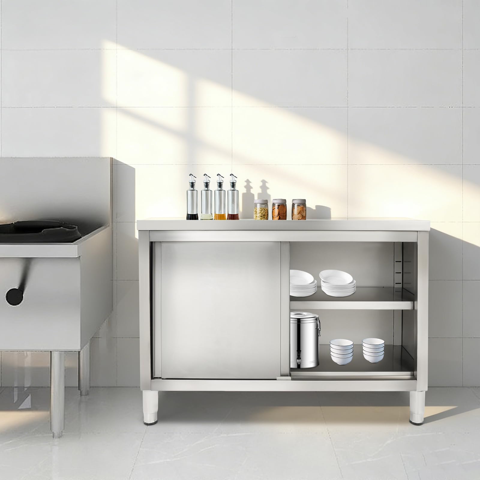 Tavolo da lavoro 120 x 50 x 86 cm in acciaio inox con piedini di supporto, tavolo in acciaio inox argento per ristoranti, hotel, mense, cucine in acciaio inox