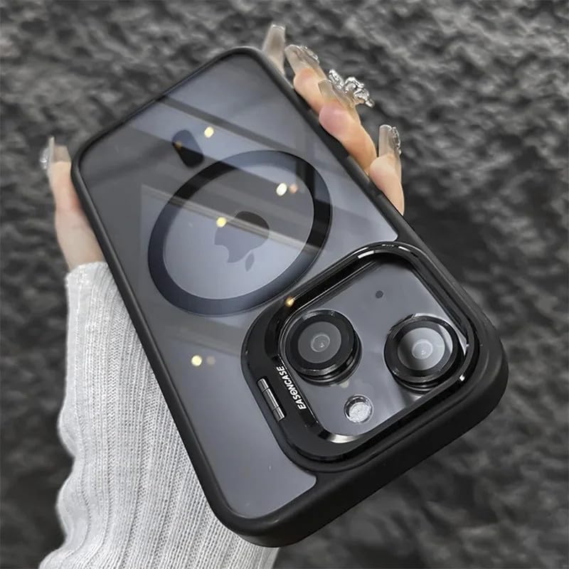 Image of LuxuryKase Clear Case Compatible with MagSafe for iPhone 14 Plus | Shockproof Transparent Cover with Camera Lens Protection | Metal Ring Stand & Wireless Charging Support - Black