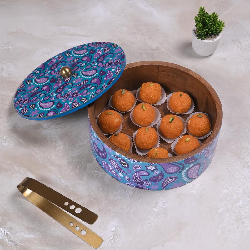 Image of Wooden Chapati Box for Kitchen - Casserole for Roti with Stainless Steel Brass Lid | Wooden Chapati Box with 1 Tong | Traditional Kitchen Organizer - Purple (Printed)