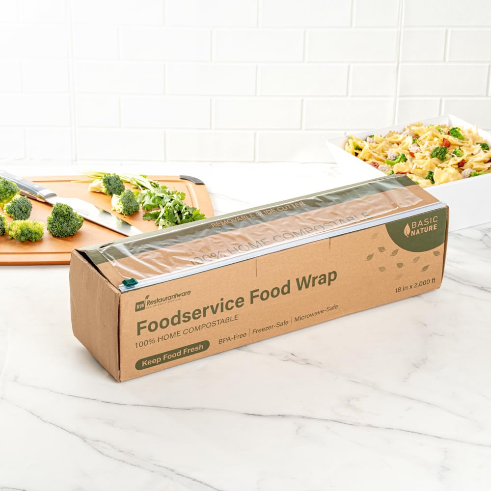 Restaurantware Basic Nature - Envoltura de alimentos de 18 pulgadas x 2000 pies, 1 envoltura adhesiva para microondas, con cortador deslizante integrado, plástico transparente congelable, envoltura de