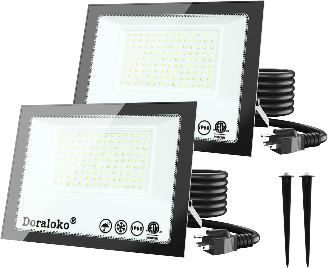 2 Pack LED Flood Lights Outdoor(Aluminum Material) - with Ground Stakes, Exterior Waterproof, 700W Equivalent, Super Bright, Heavy Duty, Plug and Play, for Basketball Court