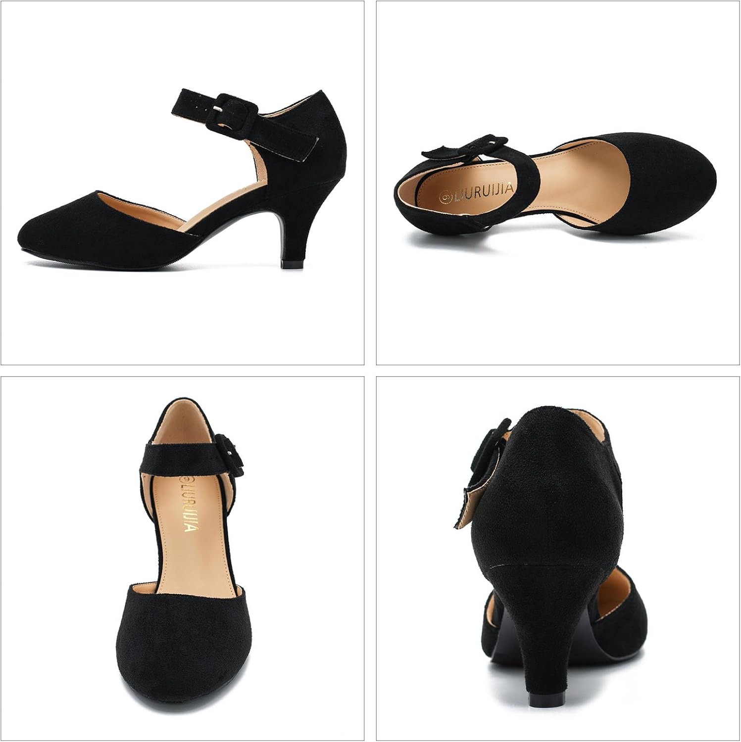 LIURUIJIA Women's Ankle Strap Kitten Heels Closed Toe Low Heel Pumps Shoes for Women Dressy Casual Vintage Bride Wedding Party
