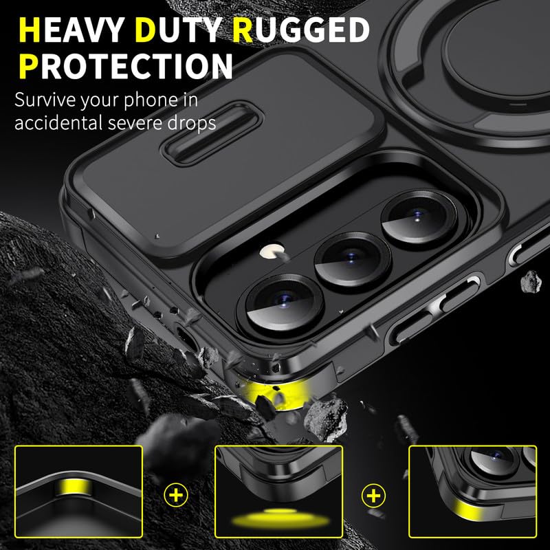 Image of LuxuryKase Shockproof Rugged Case for Samsung Galaxy S26 | Slide Camera Cover | 360 Rotating Ring Kickstand | Military-Grade Protection - Matte Black