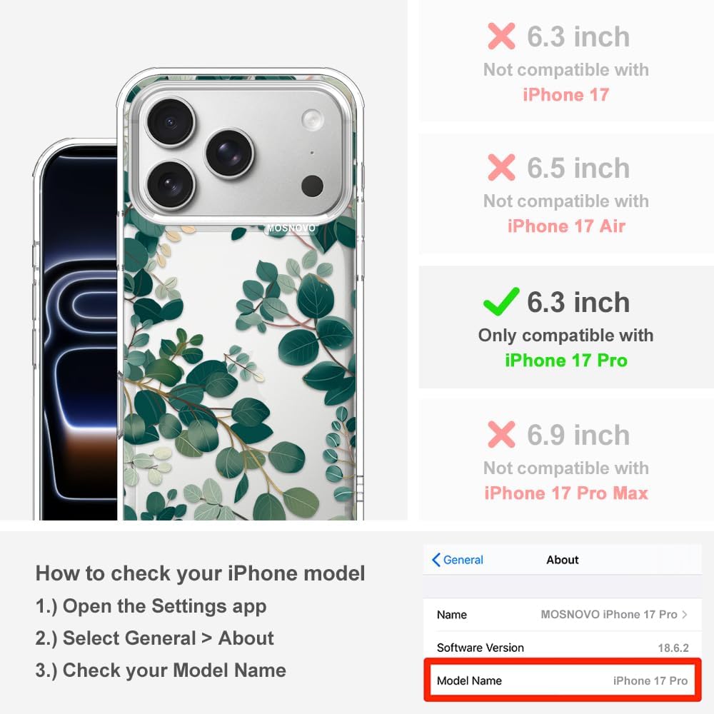 MOSNOVO for iPhone 17 Pro Case | Military Grade 6.6ft Drop Tested | Camera Control | Clear with Eucalyptus Design - Image 2