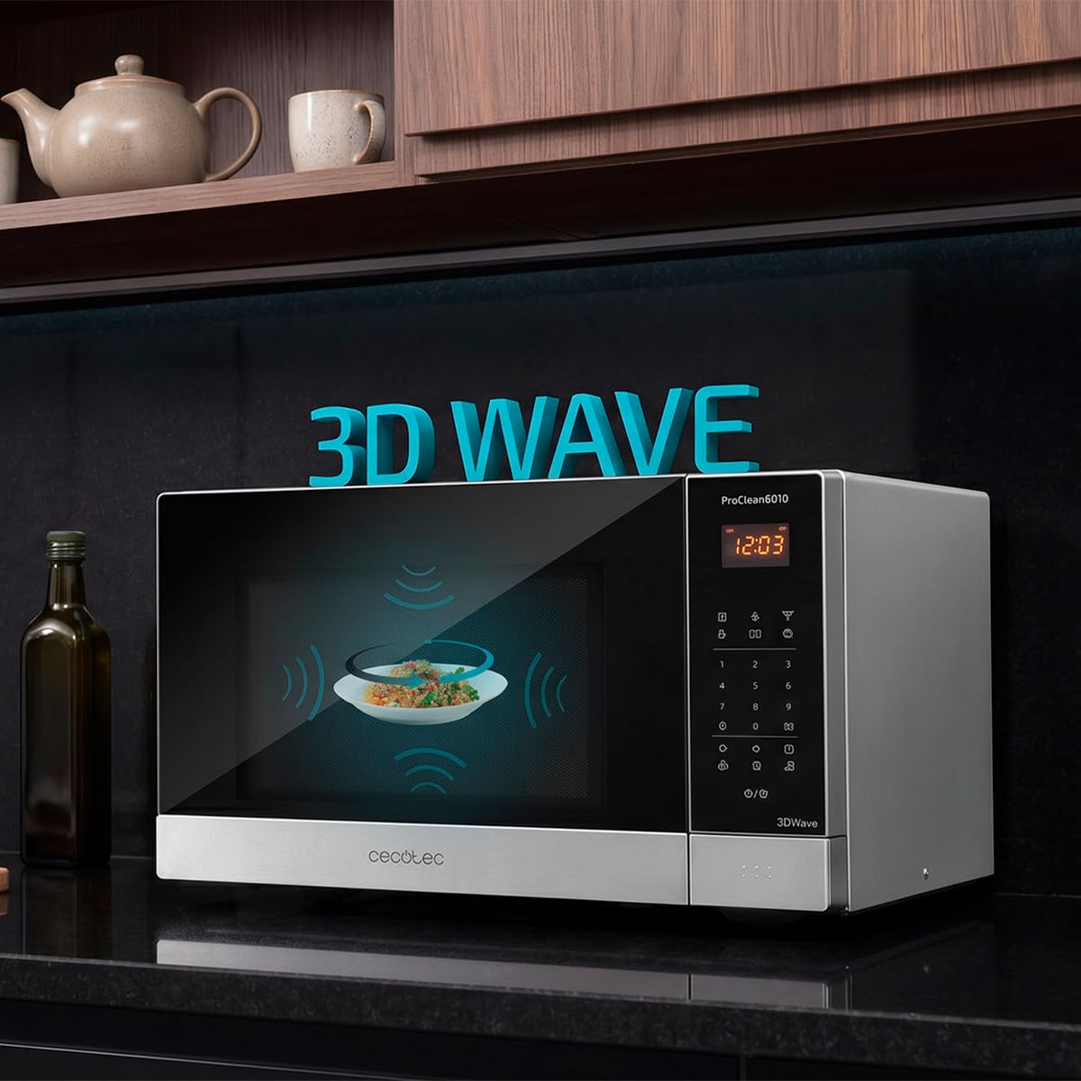 Cecotec Microonde 23L Proclean 6010 Wave. 800 W, Rivestimento Ready2Clean, Capacità 23 L, Pannello di Controllo e Tecnologia 3DWave, Controllo Touch, Nero