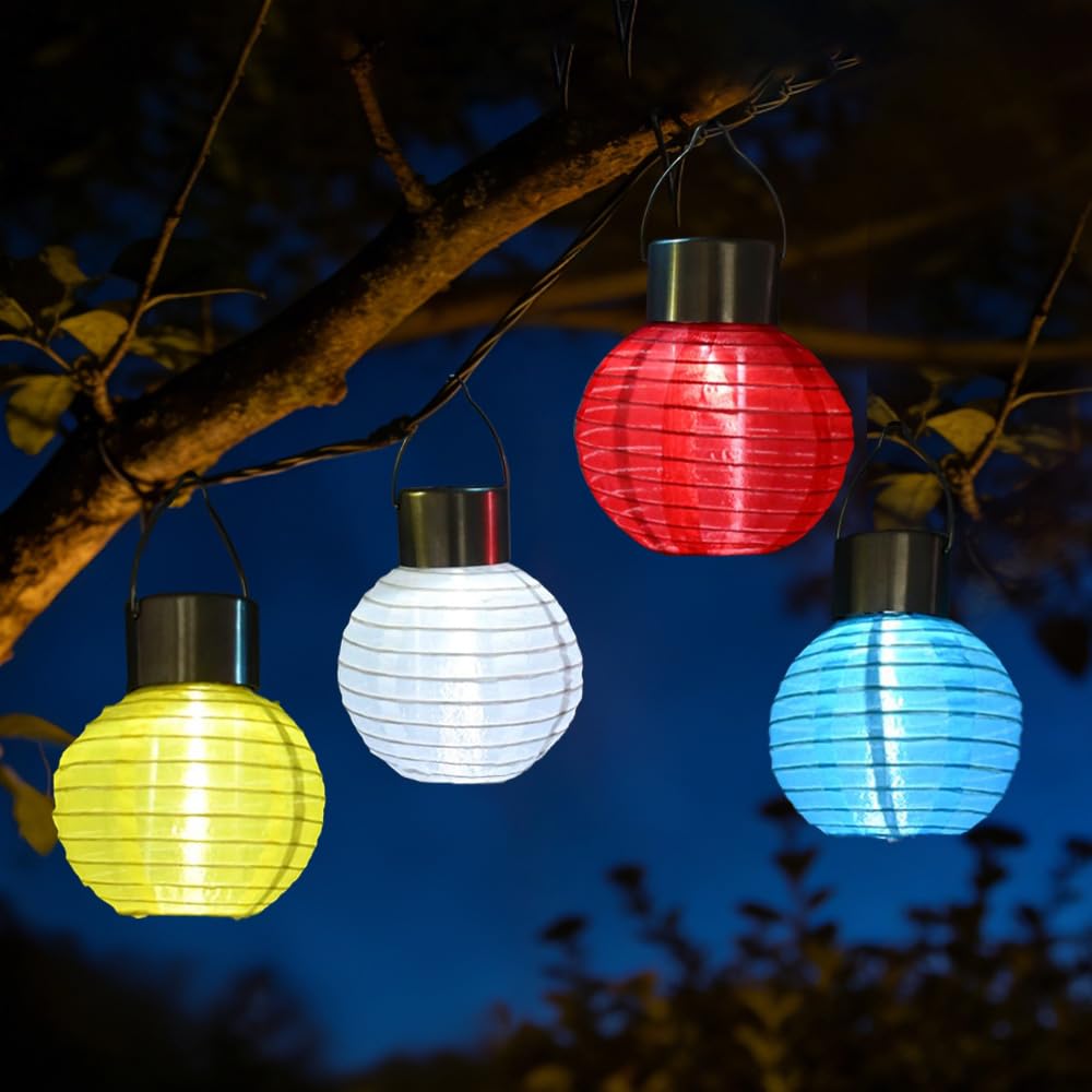 YOFHPT 4PCS Solar Lights Outdoor Garden Lantern, Hanging Solar Lanterns Outdoor Garden with Clip On, Multi-Coloured Nylon Cloth Chinese Japanese Lantern So-lar Lights for Patio Yard