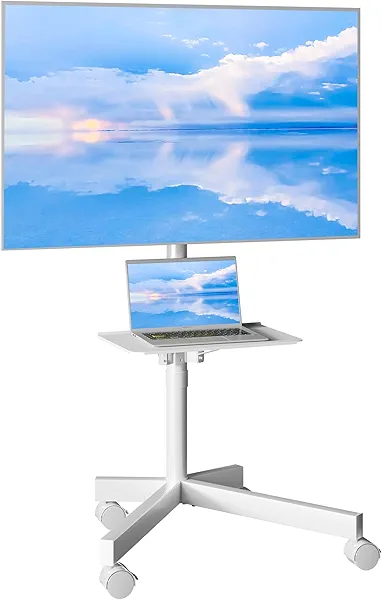 BONTEC Mobile TV Stand for 23-60 Inch TVs, Rolling TV Stand with Locking Wheels, Adjustable Height, Media Shelf, Max VESA 400x400mm, Holds Up to 88lbs White