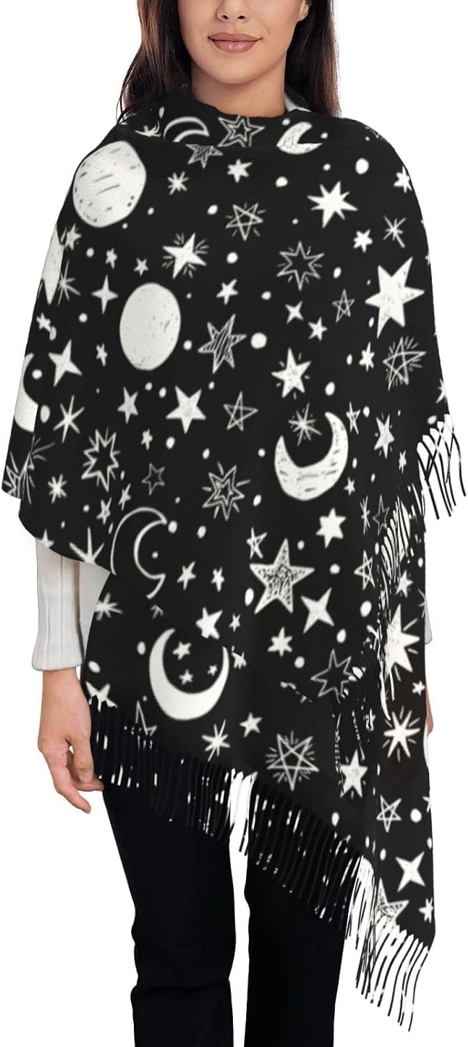 Bagea-Ka Black White Moon and Star Pattern Scarf Long Shawl Wraps Pashmina for Women Girls with Tassels Soft Warm Cozy