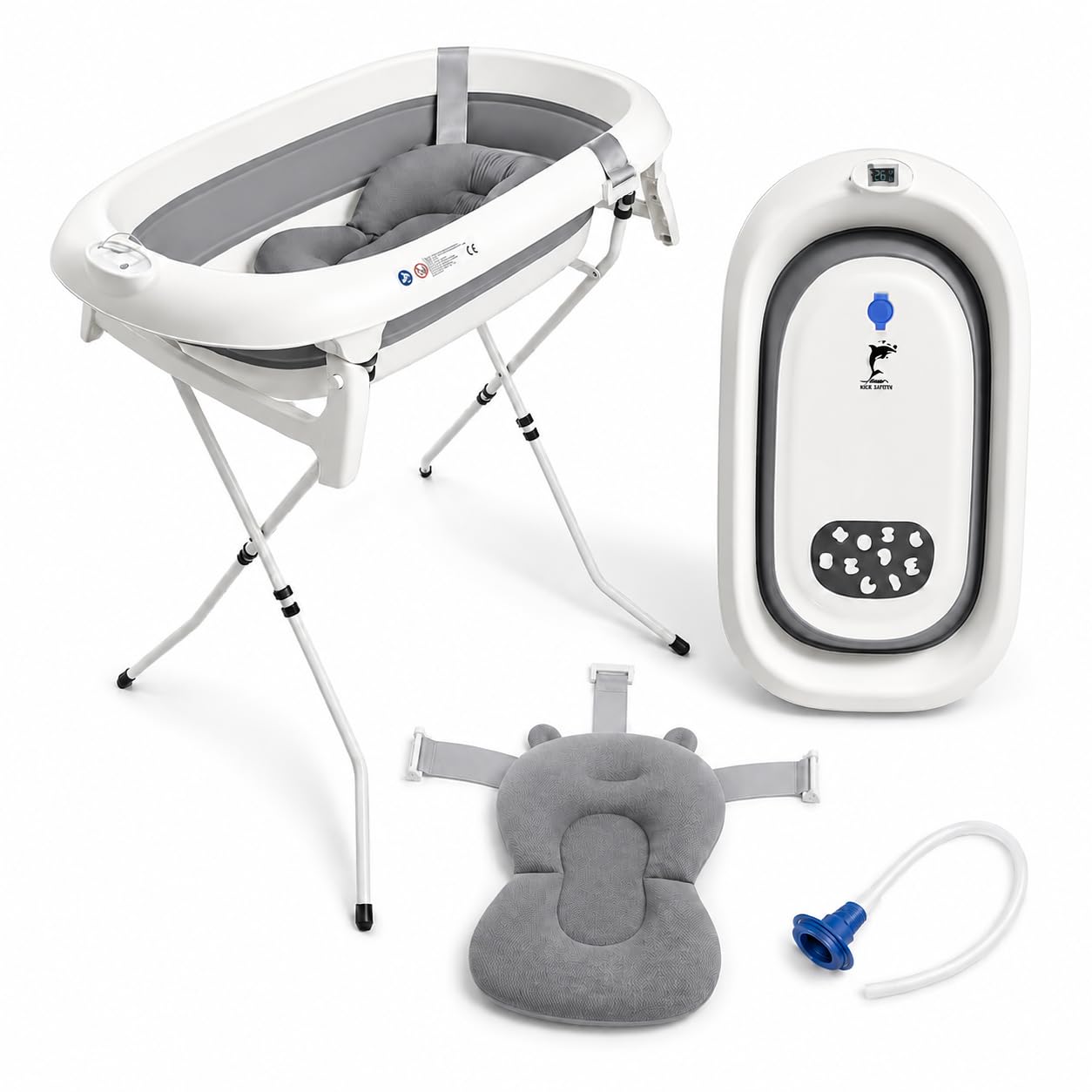 Vasca da bagno pieghevole con supporto in acciaio – Vasca da bagno per neonati con termometro e tubo di scarico – Cuscino ergonomico neonato – guadagno di spazio piccolo bagno – 0-3 anni
