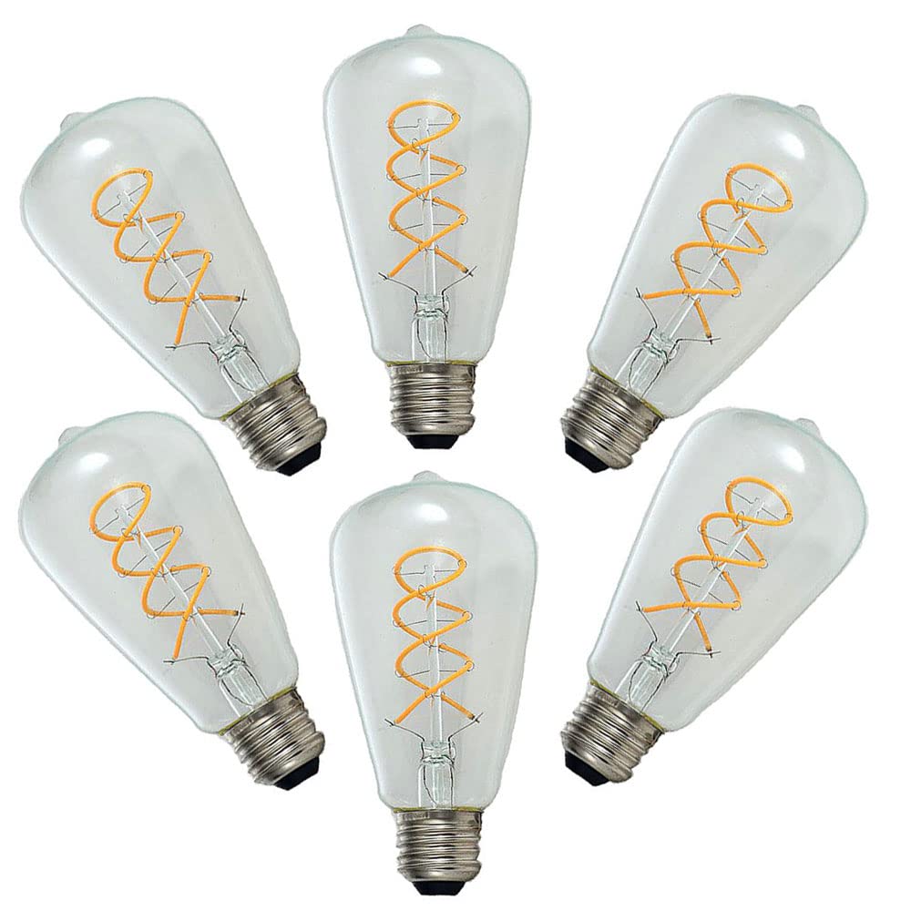 Ruihua E27 4W ST64 Vidrio Transparente Blanco Cálido 2700K Bombilla en Doble Espiral Flexible Bombillas de Filamento LED Vintage(Equivalente a 40W)400LM No Regulable Edison LED Lámpara(6Paquetes)