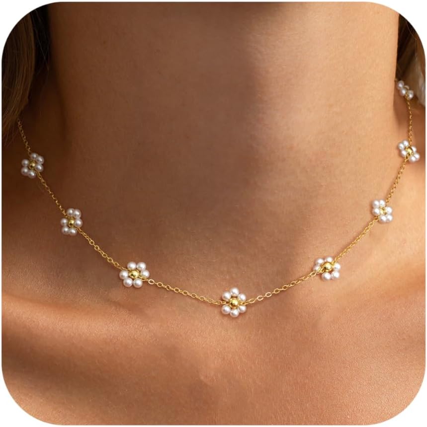 Pearl Necklaces for Women Dainty 14K Gold/Silver Plated Layered Simple Pearl Choker Necklaces Cute Single White Pearl Necklace Teen Gift Trendy Stuff Bridesmaid Gifts Wedding Jewelry