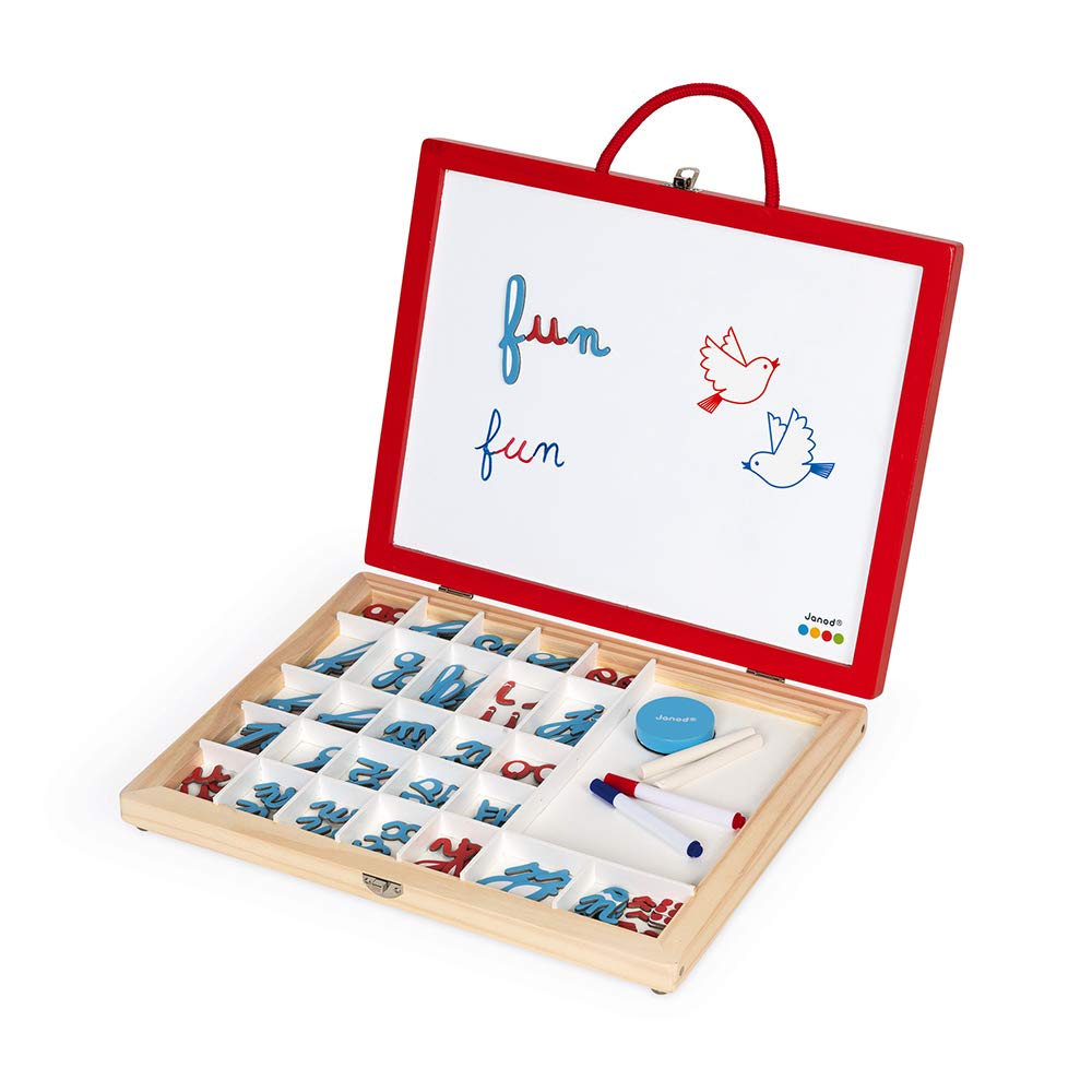 Janod, Essentiel, Mallette de Lettres Cursives 4 en 1 en Bois, Jeu Pédagogique, Apprentissage des Lettres et de la Lecture, 110 Accessoires Inclus, Peinture à l'eau, Dès 3 Ans, J05073, Multicolore