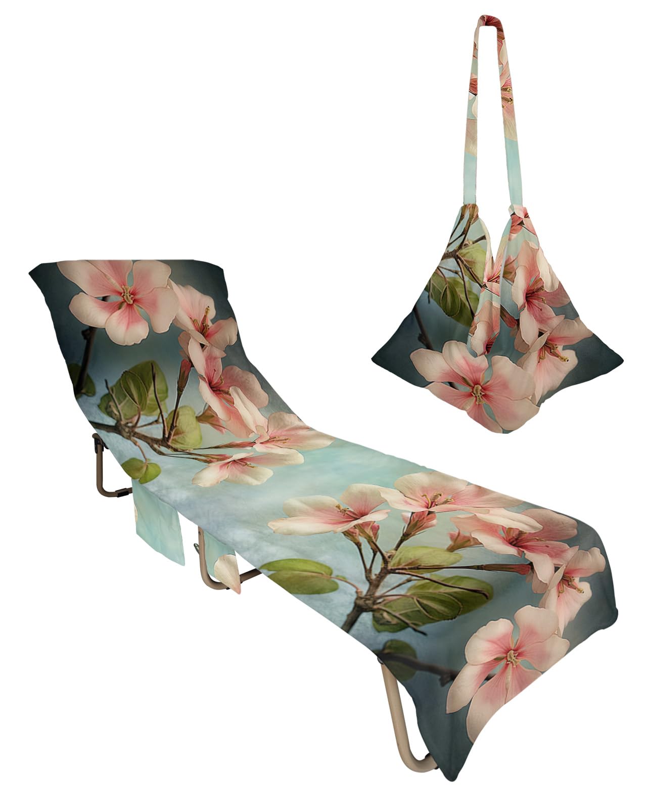 Pink Ombre Flower Beach Lounge Chair Towel Cover, Soft Chaise Lounge Towel with Side Pockets Patio Pool Chairs Cover for Beach/Pool Sunbathing 29x85 Spring Floral Bortanical Vintage Teal