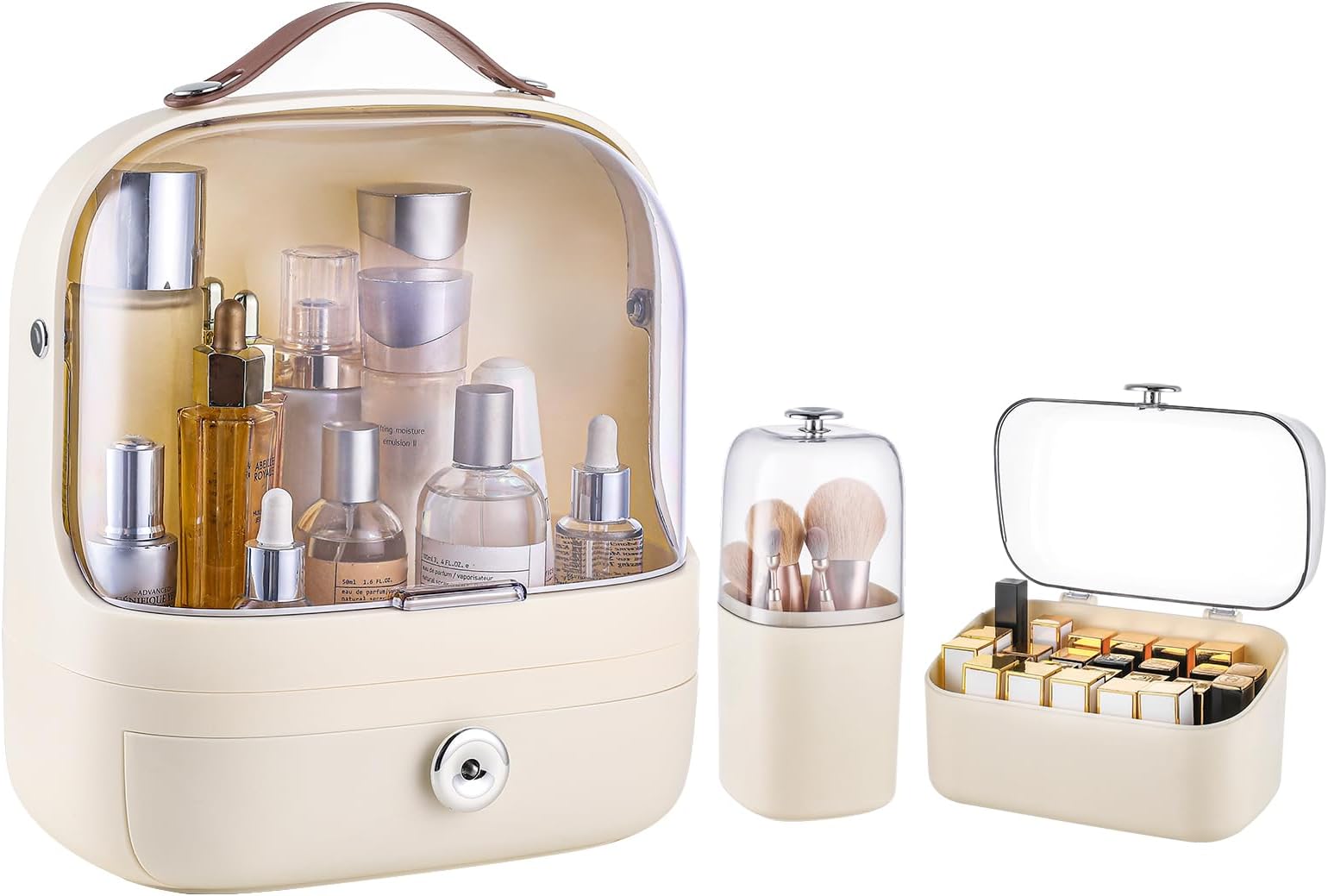 ELPHECO Makeup Storage Organizer Skincare Organizers, Cosmetics Display Case with Makeup Brush Holder and Lipstick Organizer, Dustproof Countertop Makeup Organizer with Transparent Cover and Handle