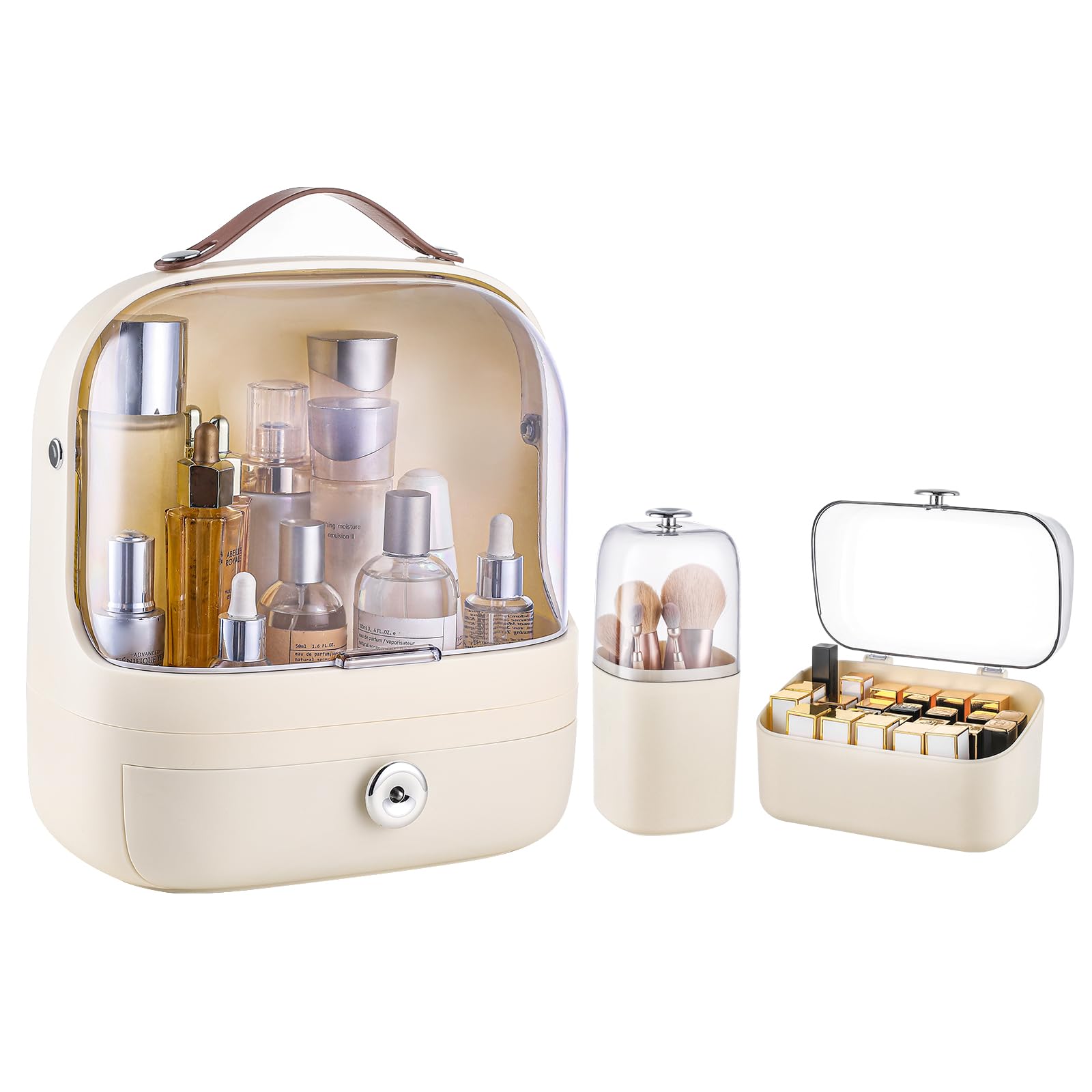 ELPHECO Makeup Storage Organizer Skincare Organizers, Cosmetics Display Case with Makeup Brush Holder and Lipstick Organizer, Dustproof Countertop Makeup Organizer with Transparent Cover and Handle