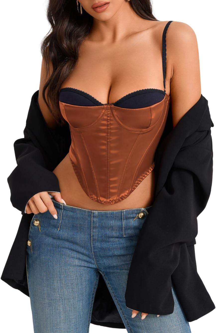 Kaei&Shi Women Faux Two-Piece Satin Bustier Corset Top Lace-Up