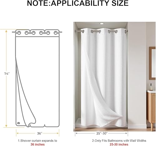 Miniatura 7 de River Dream Cortina de ducha de tejido gofre con forro a presión, cortina de ducha de tela de mezcla de algodón para baño, cortina de ducha con