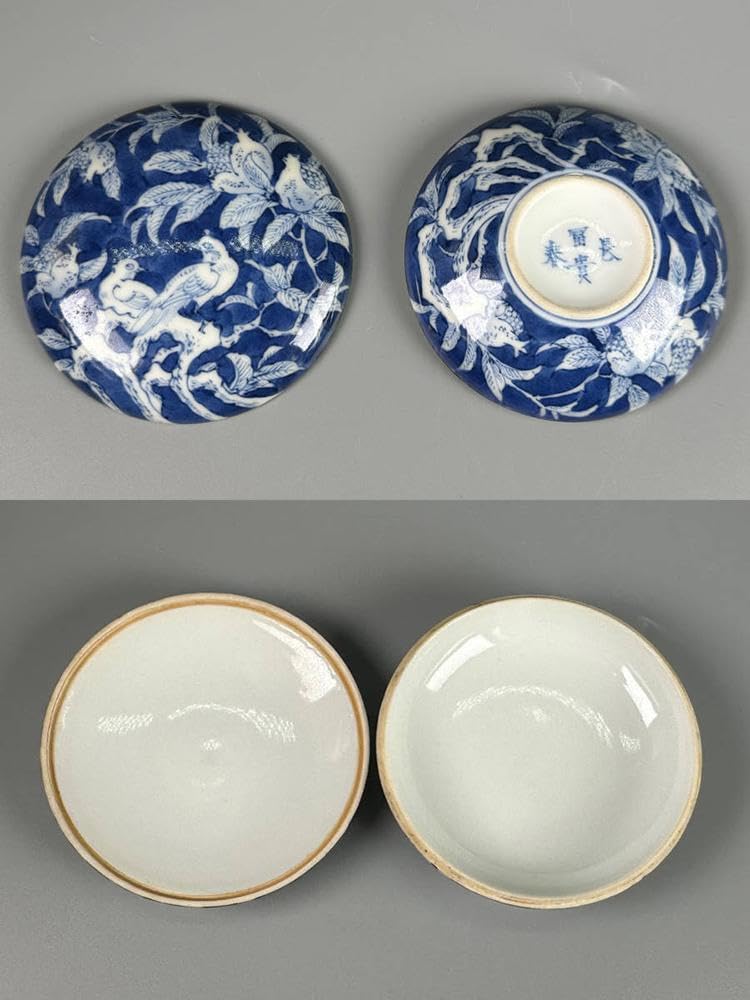 Amazon.co.jp: 瓷 瓷器 青花留白花鳥紋印泥盒 清代 柘榴 喜鵲 染付文様 