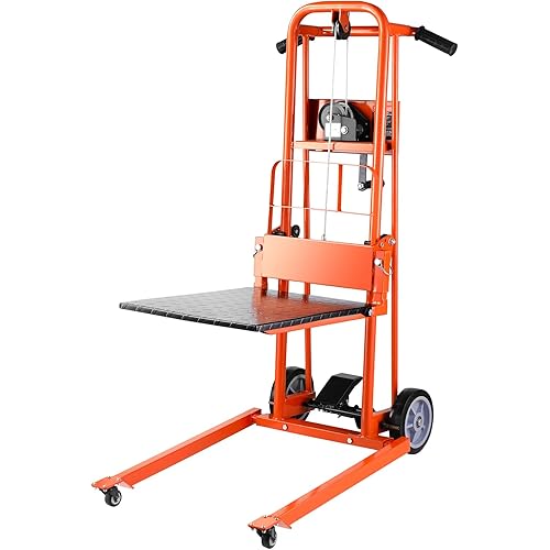 VEVOR Material Lift Winch Stacker, 330lbs Capacity Pallet Truck Dolly, 42.9in Max Lifting Height Manual Winch Stacker, Multifunctional Manual Pallet Truck Stacker with Swivel Casters and Lift Plate