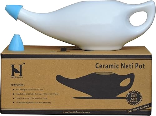 Ceramic Neti Pot Premium hecho a mano, limpiador de nariz para Sinus apto para lavavajillas con 2 puntas de boquilla de silicona, capacidad de 7.6