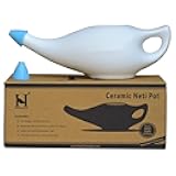 Ceramic Neti Pot Premium Handcrafted, Nose Cleaner for Sinus Dishwasher Safe with 2 Silicone Nozzle Tip, 225 Ml Capacity - White Color