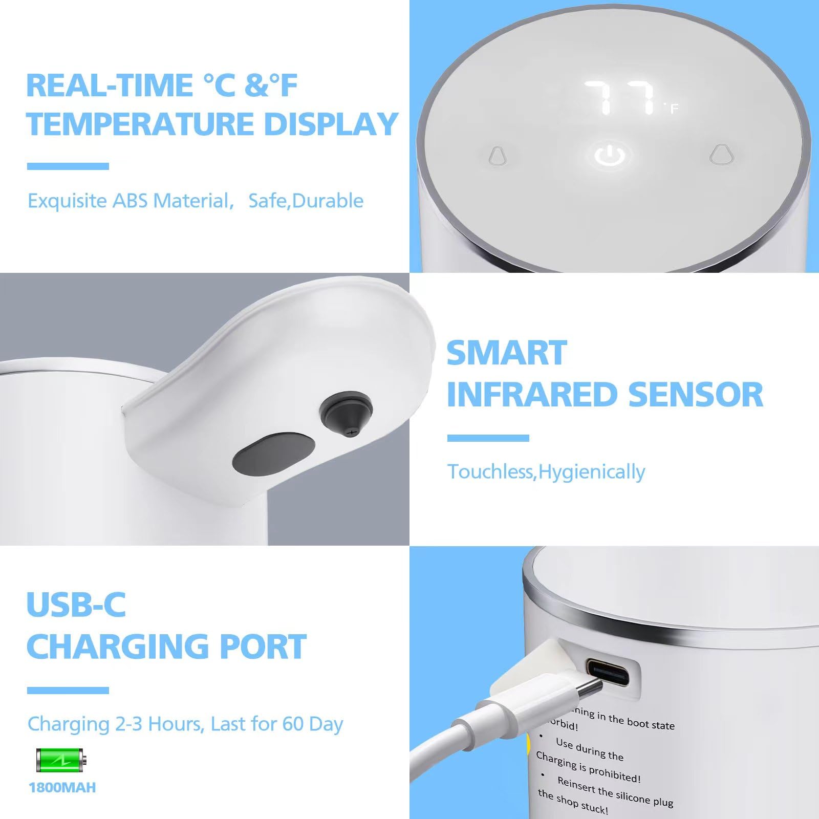 HYICO Automatic Soap Dispenser Touchless, 15.55 oz/460mL USB C Rechargeable Hand Sanitizer Dispenser with Auto Clean, 5 Adjust Volume,°C&? Display, Waterproof Pump for Bathroom Kitchen (White-Liquid)