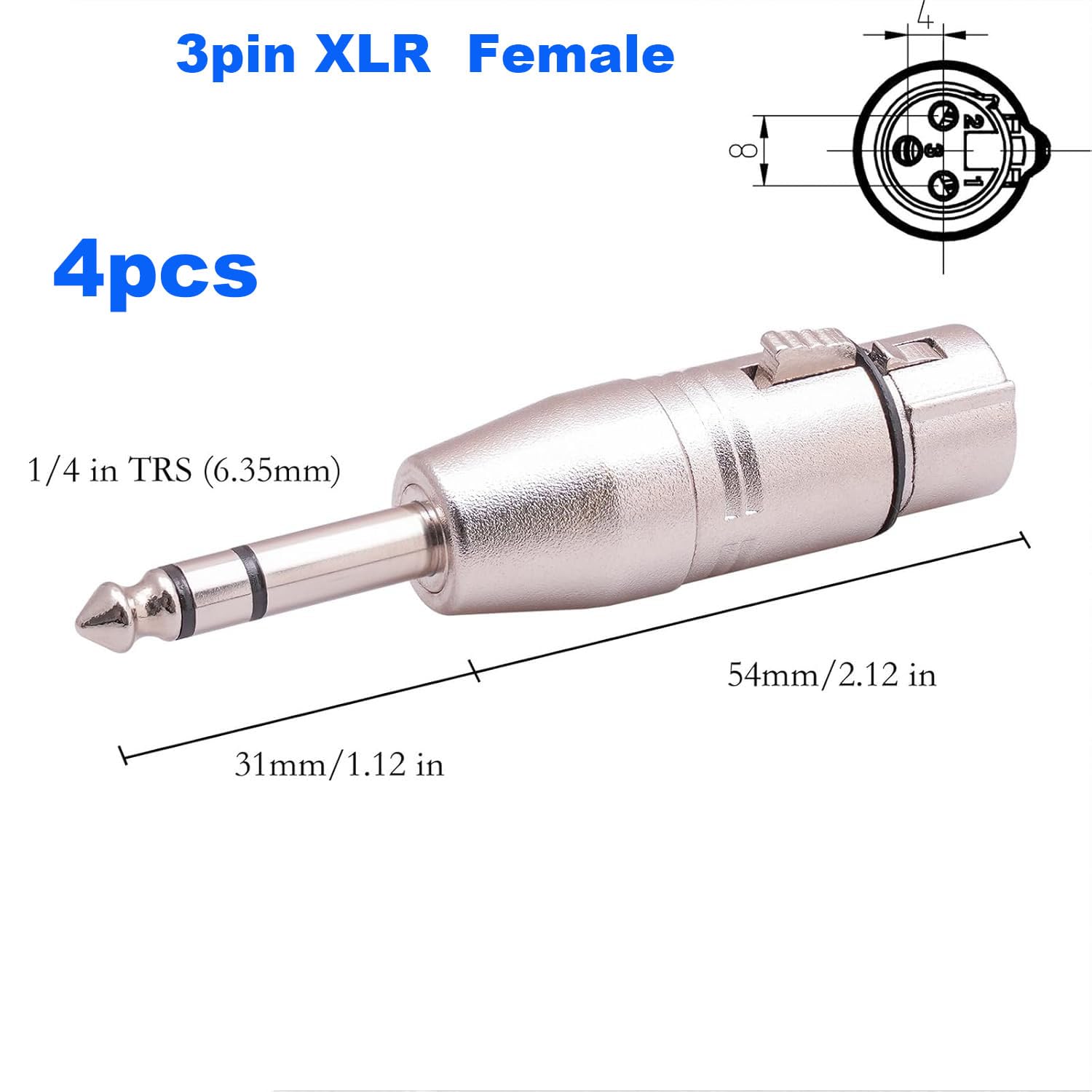 RUNCCI-YUN 4PCS XLR to Female 6.35mm Jack Changer,1/4Inch XLR TRS 6.35mm Stereo 3 Pin Audio Microphone Converter Coupler Connector - Image 2