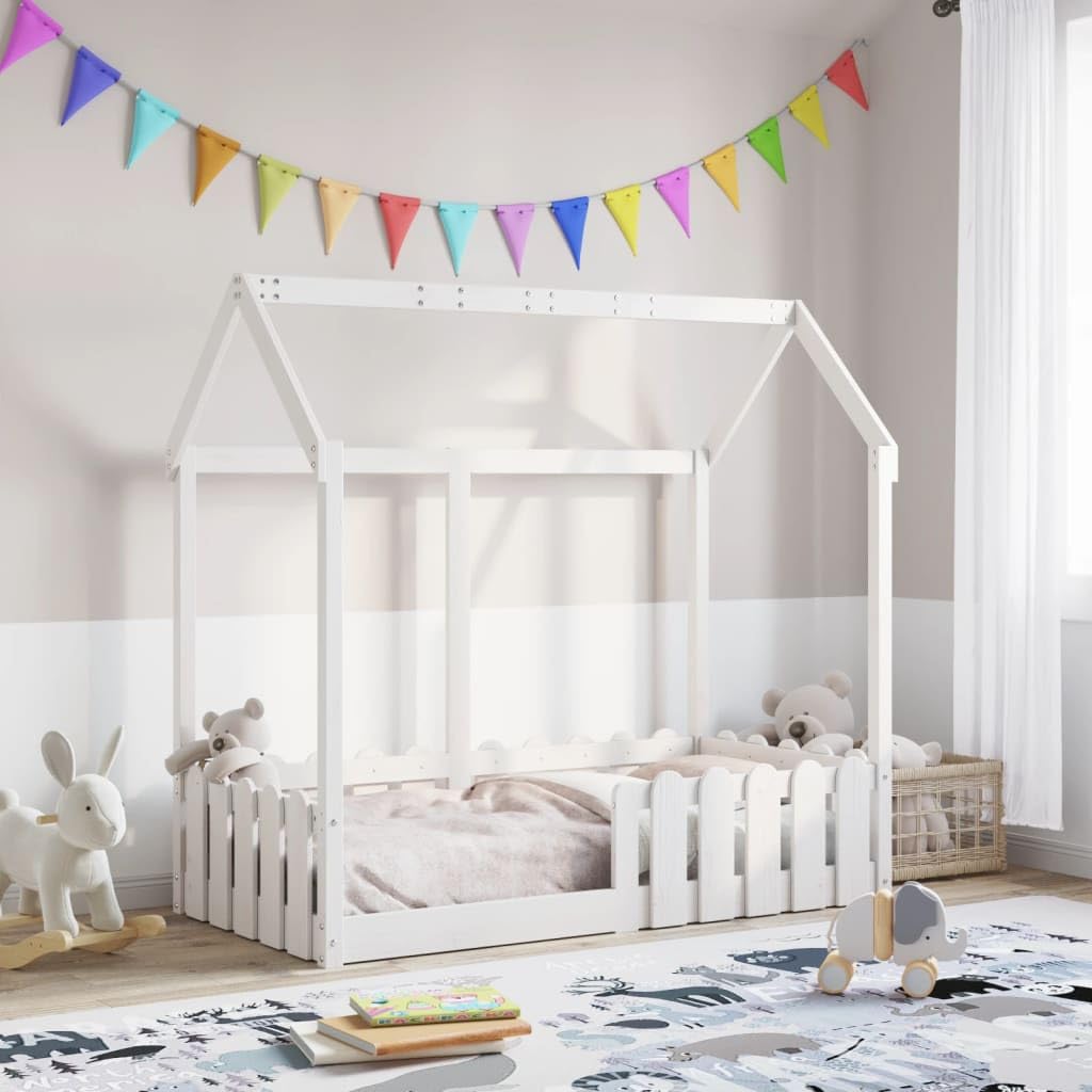 Bett aus Massivholz, weiß, 70 x 140 cm, für Kinder | Massives Kiefernholz, niedriger Boden, Sicherheitsgeländer, selbstöffnende Decke, Lattenfuß