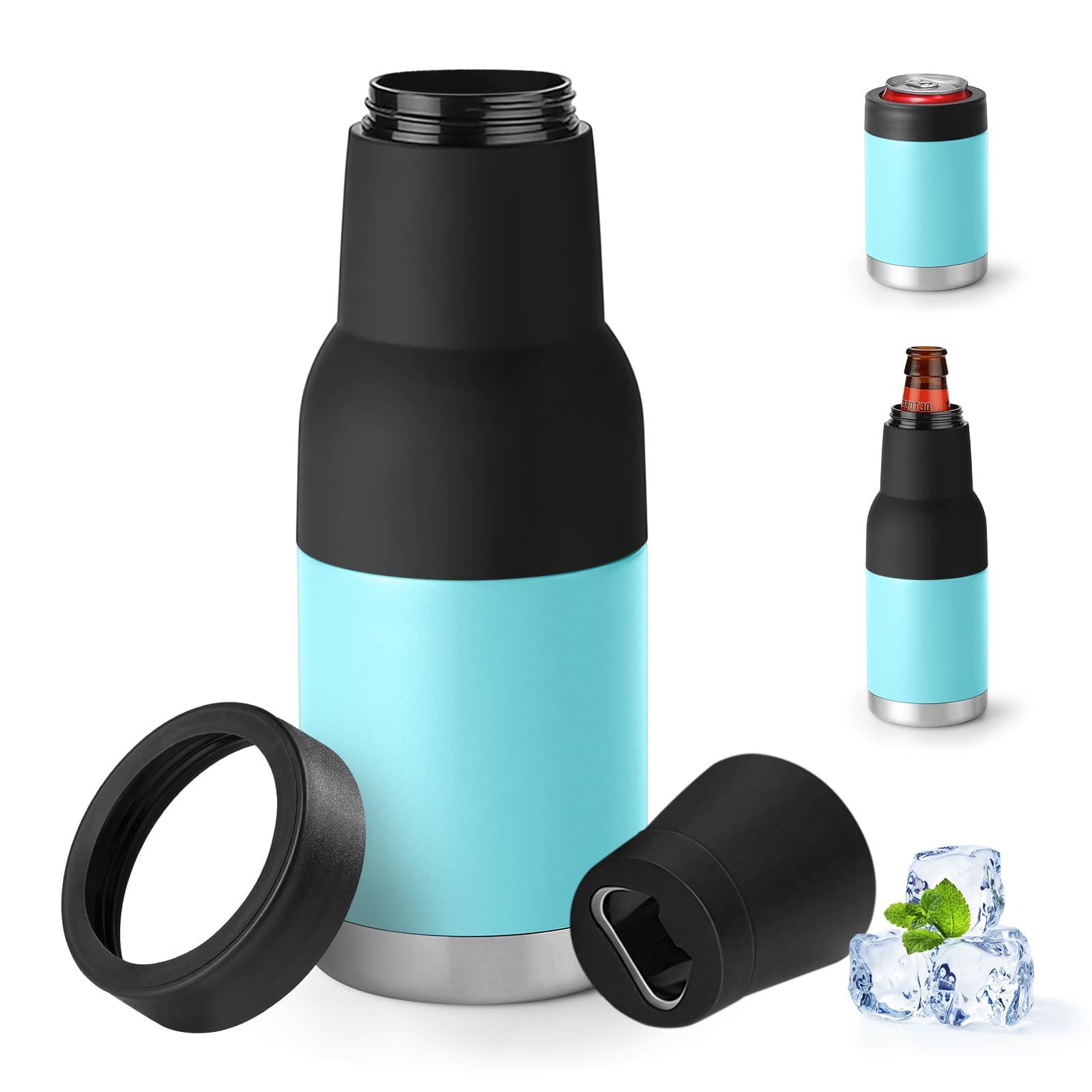 Can Cooler For Regular 12,14,16 oz or Slim-Size Bottles,Stainless Steel Double-Walled Insulated Beer Can Cooler (Double Lid-Sky Blue, 12OZ)