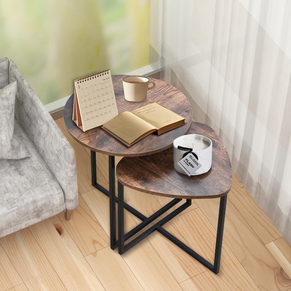 Shally Dogan Set mit 2 ineinandergreifenden Tischen im Industriestil für Wohnzimmer mit Holzplatte und Metallrahmen, Couchtisch, Wohnzimmer, platzsparender Verschluss, stapelbar