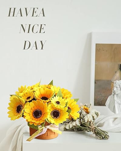 Miniatura 7 de BAZIMA Kit de manualidades de flores de fieltro, kit de bonsái de fieltro de girasol, 12 girasoles de fieltro, regalos florales, kit de manualidades