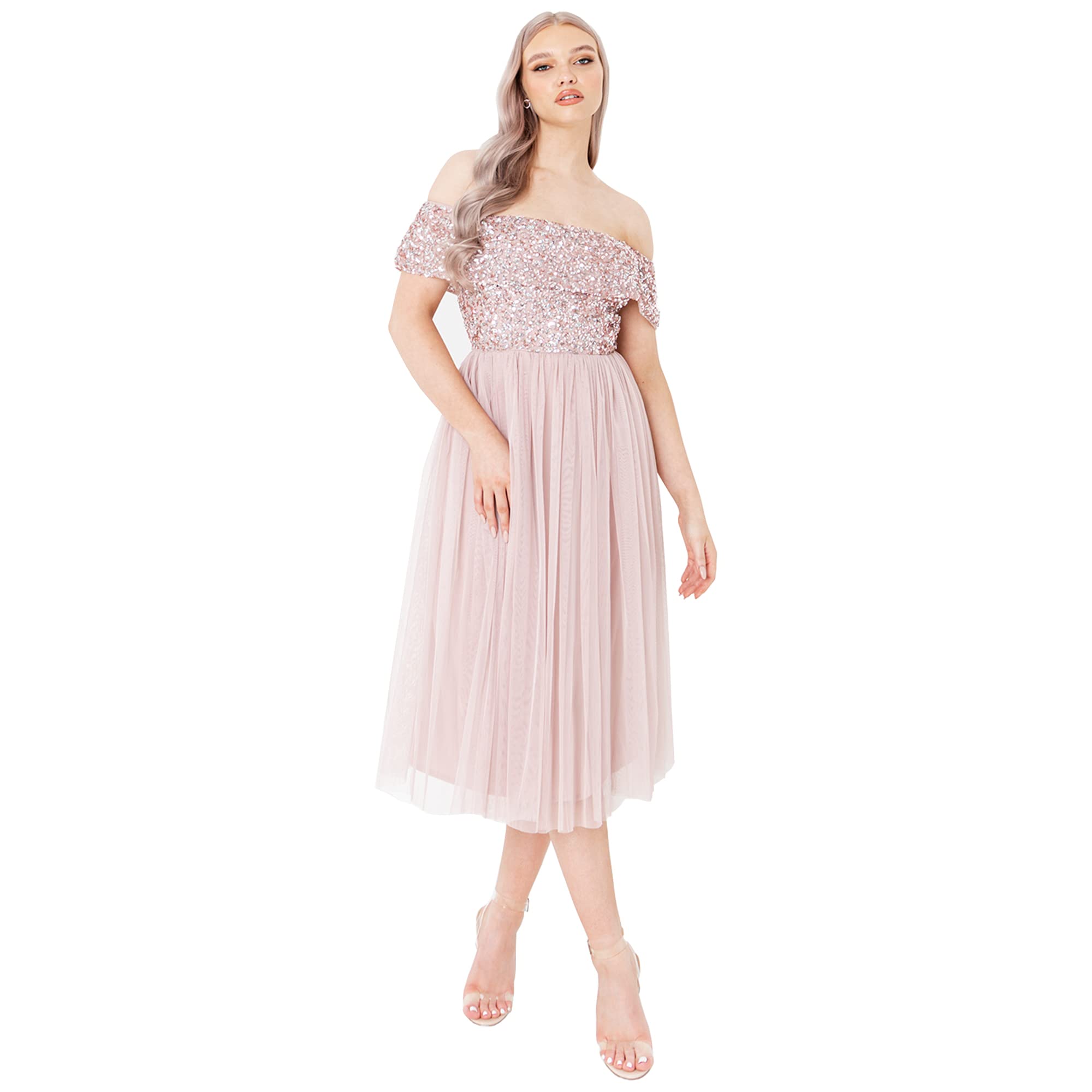 Maya Deluxe Vrouwen dames bardot jurk maxi verfraaid hoogte rijk taille mouwloze tule voor bruiloft gast prom afstuderen bruidsmeisje, marineblauw, 40