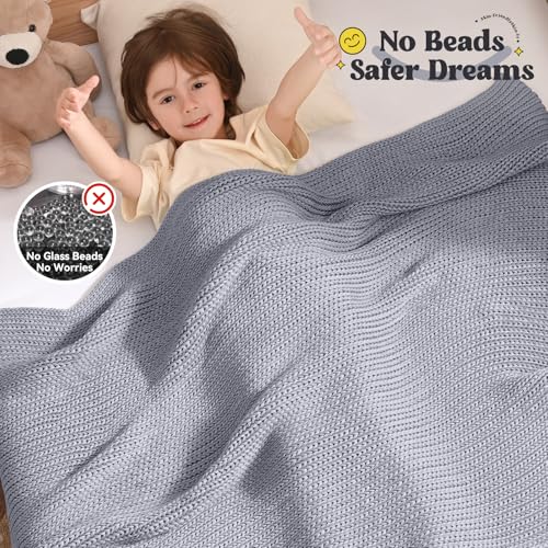 Guohaoi Knitted Weighted Blanket Kids (Light Grey 50"x60" 5lbs) No Beads Cooling Heavy Blanket, Home Decor Breathable Chunky Knit Throw Blanket for All-Season Use