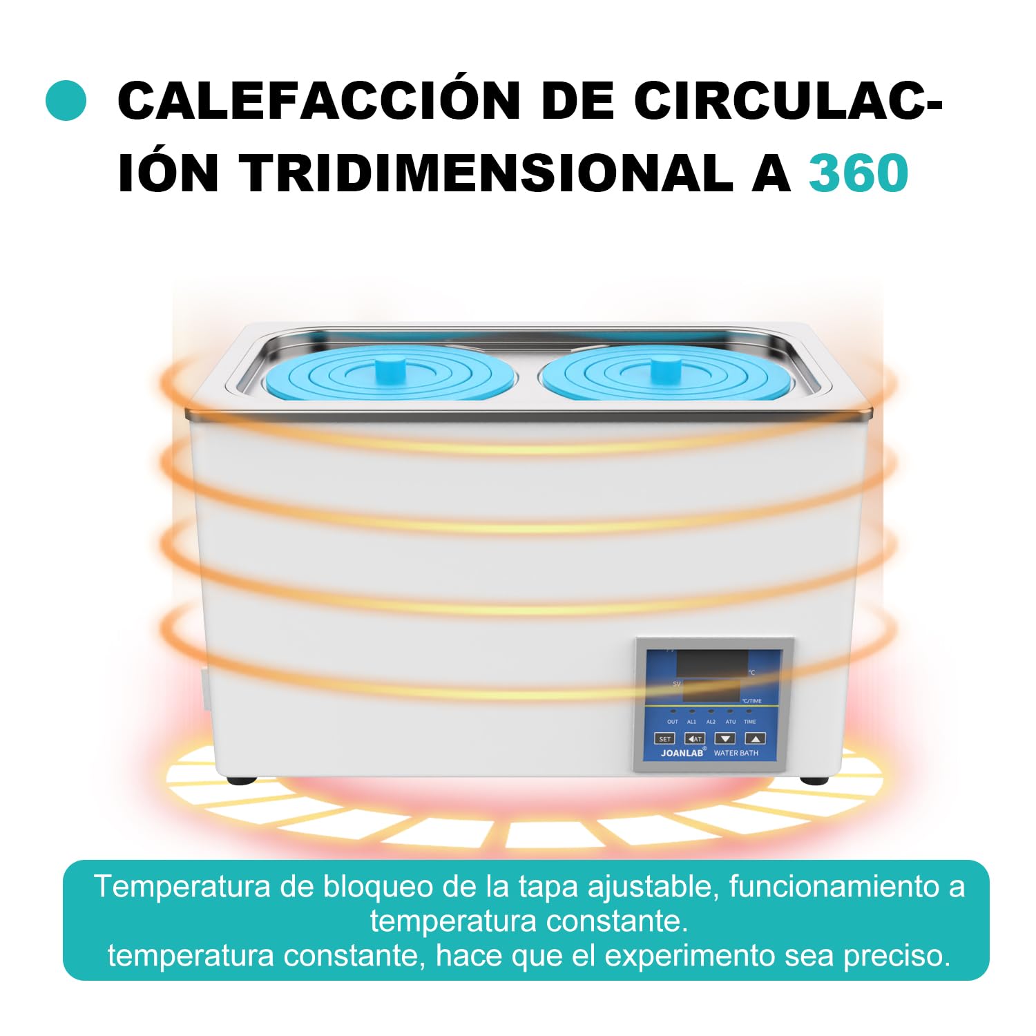 JOANLAB Baño María Laboratorio 6L, 600W - Doble Abertura, Acero Inoxidable - Termostato Digital ±0,1°C - Temporizador 0-99 Min - Pantalla LED