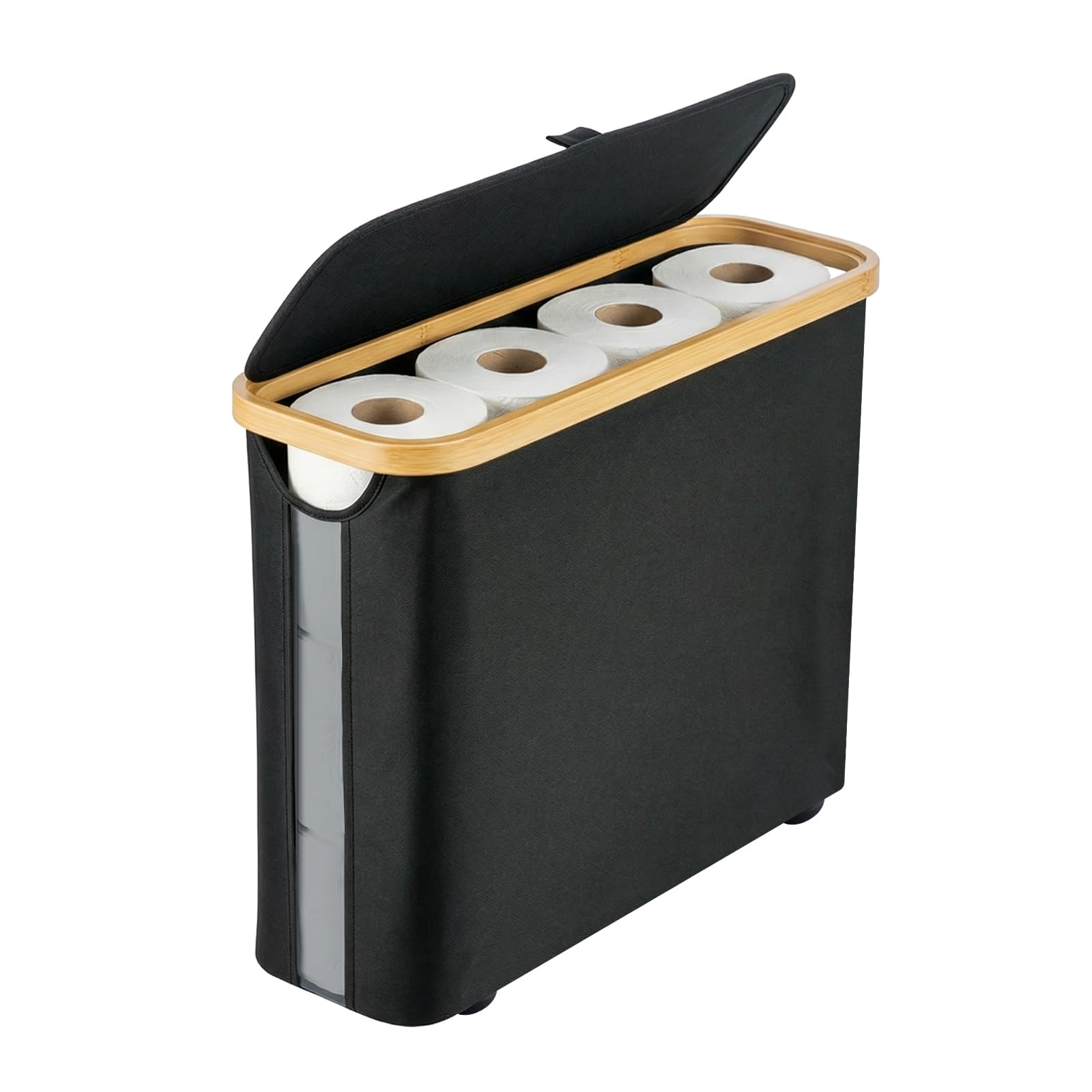 SUNNYNEST 30L Toilet Paper Storage Basket with Lid, Slim Toilet Roll Holder with Bamboo Frame, Foldable Bathroom Storage Bin for 9–12 Rolls, Space-Saving Organizer for Small Bathrooms (Black A)