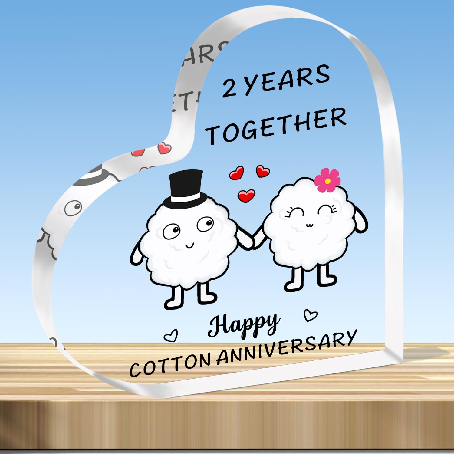 JMIMO 2nd Wedding Anniversary Plaque Gifts 2 Years Together - Happy Cotton Anniversary Heart Shaped Acrylic Plaque for Couple Wife Husband
