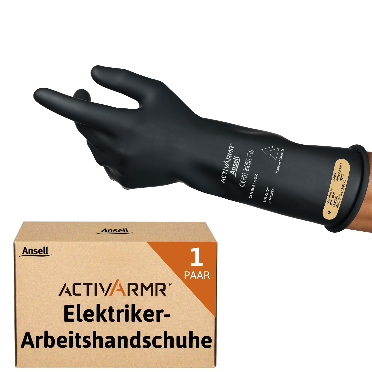 Ansell ActivArmr Elektriker-Schutzhandschuhe, Elektroschutz Klass 00 (500V), Elektrisch Isolierende Gummihandschuhe, Professionelle Arbeitshandschuhe 36cm, Schwarz, Größe M (1 Paar)