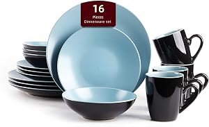 16-Piece Dinnerware Set Service for 4, Plates and Bowls Set, Microwave & Dishwasher Safe, Scratch Resistant, Outside Shiny Black + Inside Matte Glaze Turquoise Ceramic Dishes Set