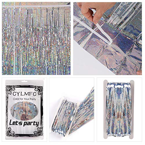 Image of CYLMFC Foil Fringe Curtains - 2 Packs 3ftx8ft Sparkle Metallic Curtains Party Decorations Photo Booth Decorations Party Supplier - Sliver