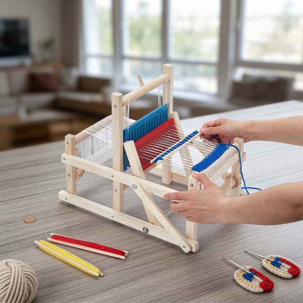 PH PandaHall Tessitura in Legno Macchina per Tessitura per Maglieria Mano Artigianato da Arazzo in Legno Staccabile Strumento di Maglieria Artigianale con 3 Colori di Filato per Regalo Principianti
