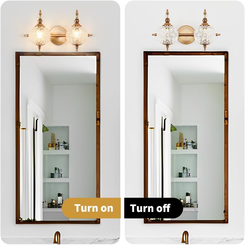 Brushed Gold Bathroom Vanity Light Fixture Vintage Style - 2 Light G9 Bulb Compatible, 17" Wide Bathroom Lighting Over Mirror with Hand-Etched Glass Shades, Easy Mount for Makeup Area