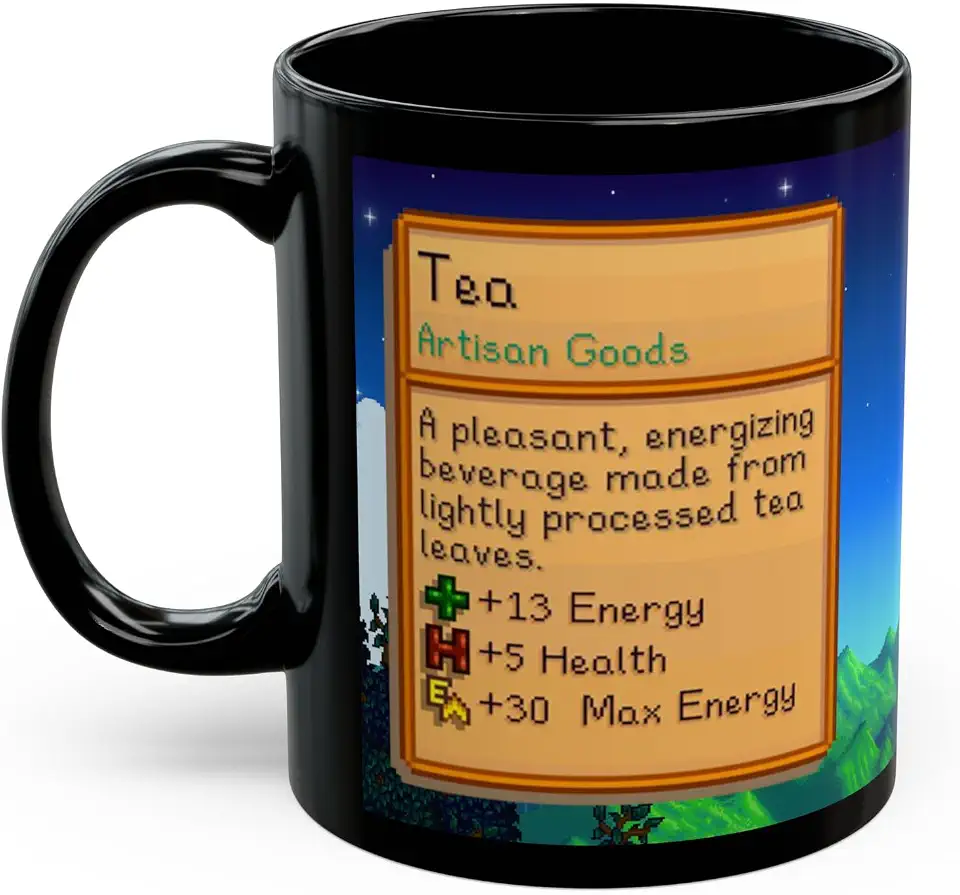 Caneca de chá Stardew Valley Game Drink Black Coffee, presente para amantes de videogames, fazenda, aventura, jogos para amigos da família