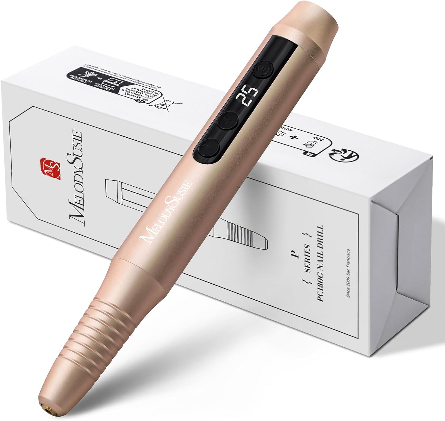 MelodySusie Pen-Shaped Portable Cordless Nail Drill,PC180G 25000RPM Rechargeable Electric File with LED Display for All Nail Care, Manicure Shaping & Acrylic Gel Removal for Nail Artists DIY at Home