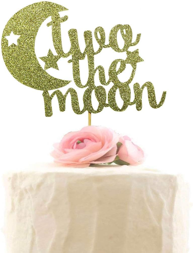Glitter Two The Moon Cake Topper - 2nd Birthday Cake Topper, To The Moon Party, Baby Shower Birthday Party Decorations - Gold