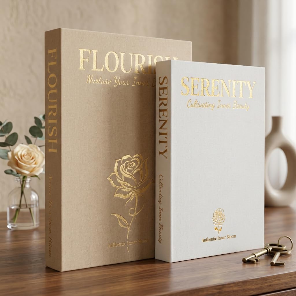 Decorative Books for Home Decor, Set of 2 Faux Linen Book Boxes with Hidden Storage, Beige & White, Coffee Table and Bookshelf Decor