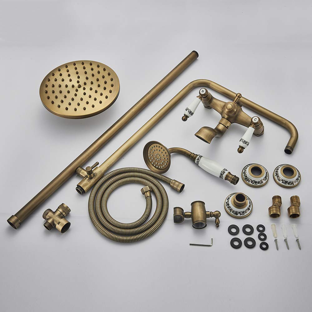 Ubranie pod prysznic Zestaw prysznicowy do wanny, ścienny, deszczownica 8 cali, wylewka wannowa, ręczny natrysk, bateria mieszająca, antyczny mosiądz(Antique Brass a)